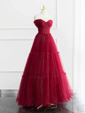 Burgundy Shiny Tulle Long Prom Dress, Beautiful A-Line Off the Shoulder Evening Dress HZ1024