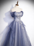 Charming Tulle Sequins A-Line Prom Dresses, Off the Shoulder Floor-Length Formal Dresses HZ1024
