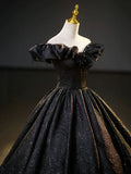 Black V-Neck Floor Length Formal Dress, A-Line Off the Shoulder Evening Party Dress HZ1024