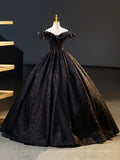 Black V-Neck Floor Length Formal Dress, A-Line Off the Shoulder Evening Party Dress HZ1024
