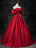 Burgundy Satin Off the Shoulder Formal Dress, A-Line Burgundy Evening Dress HZ1024