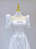 White Satin Short Sleeve Floor Length Prom Dress, White A-Line Party Dress HZ1024