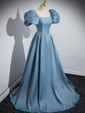 Blue Puff Sleeve Satin Floor Length Prom Dress, Blue A-Line Evening Party Dress HZ1024