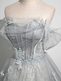 A-Line Off the Shoulder Sparkly Prom Dress, Gray Tulle Corset Floor Length Evening Dress HZ1024