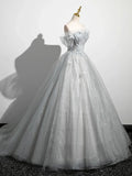 A-Line Off the Shoulder Sparkly Prom Dress, Gray Tulle Corset Floor Length Evening Dress HZ1024
