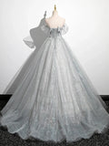A-Line Off the Shoulder Sparkly Prom Dress, Gray Tulle Corset Floor Length Evening Dress HZ1024