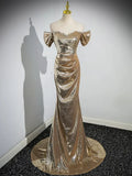 Gold Sequins Floor Length Prom Dress, Mermaid Off the Shoulder Evening Party Dress HZ1024