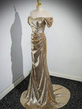 Gold Sequins Floor Length Prom Dress, Mermaid Off the Shoulder Evening Party Dress HZ1024