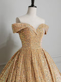 Sparkly Sequin Off the Shoulder Prom Dress, A-line Floor Length Evening Dress HZ1024