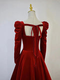 A-Line Long Sleeve Velvet Floor Length Prom Dress, Burgundy Formal Evening Dress HZ1024