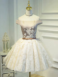 Champagne Tea Length Lace Party Dress, Off the Shoulder Evening Dress HZ1024