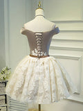 Champagne Tea Length Lace Party Dress, Off the Shoulder Evening Dress HZ1024