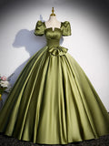 Green Satin Short Sleeve Floor Length Formal Dress, Green A-Line Prom Dress HZ1024