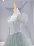 Green Tulle Floor Length Prom Dress, Green Short Sleeve Evening Party Dress HZ1024