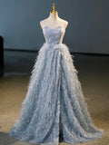 Blue A-Line Strapless Floor Length Prom Dress, Blue Evening Party Dress HZ1024