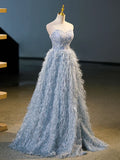 Blue A-Line Strapless Floor Length Prom Dress, Blue Evening Party Dress HZ1024