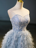 Blue A-Line Strapless Floor Length Prom Dress, Blue Evening Party Dress HZ1024