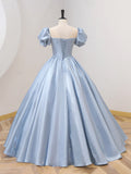 Blue Satin Floor Length Prom Dress with Bow, Blue A-Line Evening Formal Dress HZ1024