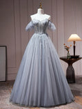 Gray Tulle Off Shoulder Beaded Party Dress, A-Line Tulle Formal Dress Prom Dress HZ1024