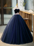 Blue Tulle Long Formal Dress with Velvet, Blue Sweetheart Neck Prom Dress HZ1024