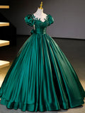 Green Satin Lace Floor Length Formal Dress, Short Sleeve A-Line Evening Dress HZ1024