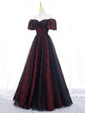 Black Tulle A-Line Prom Dress with Rose Print, Black Off Shoulder Evening Party Dress HZ1024