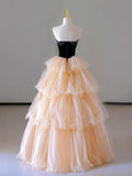 Champagne Strapless Tulle Long Prom Dress, Beautiful Formal Evening Dress HZ1024