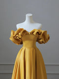 Yellow Satin Long Prom Dress, Off Shoulder A-Line Evening Dress HZ1024