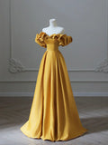 Yellow Satin Long Prom Dress, Off Shoulder A-Line Evening Dress HZ1024
