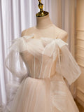 Champagne Tulle Long Prom Dress, A-Line Evening Dress with Bow HZ1024