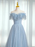 Blue Sweetheart Beaded Off the Shoulder Prom Dress, A-Line Blue Evening Dress HZ1024