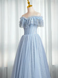 Blue Sweetheart Beaded Off the Shoulder Prom Dress, A-Line Blue Evening Dress HZ1024