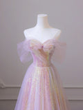 Shiny Tulle Sequins Long Prom Dress, A-Line Off the Shoulder Evening Dress HZ1024