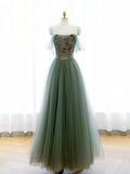 A-Line Green Tulle Long Prom Dress, Off the Shoulder Evening Party Dress HZ1024