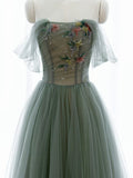 A-Line Green Tulle Long Prom Dress, Off the Shoulder Evening Party Dress HZ1024