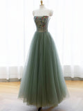 A-Line Green Tulle Long Prom Dress, Off the Shoulder Evening Party Dress HZ1024