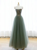 A-Line Green Tulle Long Prom Dress, Off the Shoulder Evening Party Dress HZ1024
