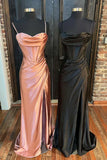 Simple Satin Long Mermaid Prom Dress, Spaghetti Straps Party Dress with Slit HZ1024