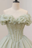 Green Ball Gown, A-Line Off the Shoulder Evening Gown with Beaded HZ1024
