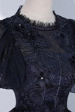 Black Tulle Lace Long A-Line Prom Dress, A-Line Short Sleeve Evening Gown HZ1024
