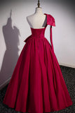 Burgundy Satin Long Prom Dress, One Shoulder Evening Dress with Bow HZ1024