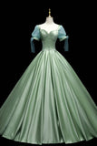 Green Satin Long A-Line Ball Gown, Green Short Sleeve Evening Gown HZ1024