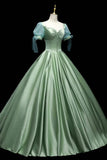 Green Satin Long A-Line Ball Gown, Green Short Sleeve Evening Gown HZ1024