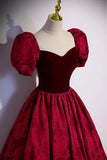 Burgundy Velvet Long A-Line Prom Dress, Short Sleeve Evening Dress HZ1024