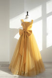 Yellow Satin Tulle Long Prom Dress, A-Line Evening Dress with Bow HZ1024