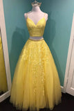 Yellow Lace Two Pieces Prom Dress, A-Line Evening Party Dress HZ1024