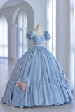 Blue Satin A-Line Princess Dress, Blue A-Line Evening Gown with Bow HZ1024