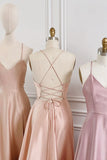 Simple V-Neck Satin Long Prom Dress, A-Line Backless Evening Dress HZ1024