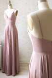 Pink V-Neck Satin Long Prom Dress, A-Line Evening Dress HZ1024