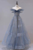A-Line Off Shoulder Layers Tulle Long Evening Dress, Blue Formal Dress HZ1024
